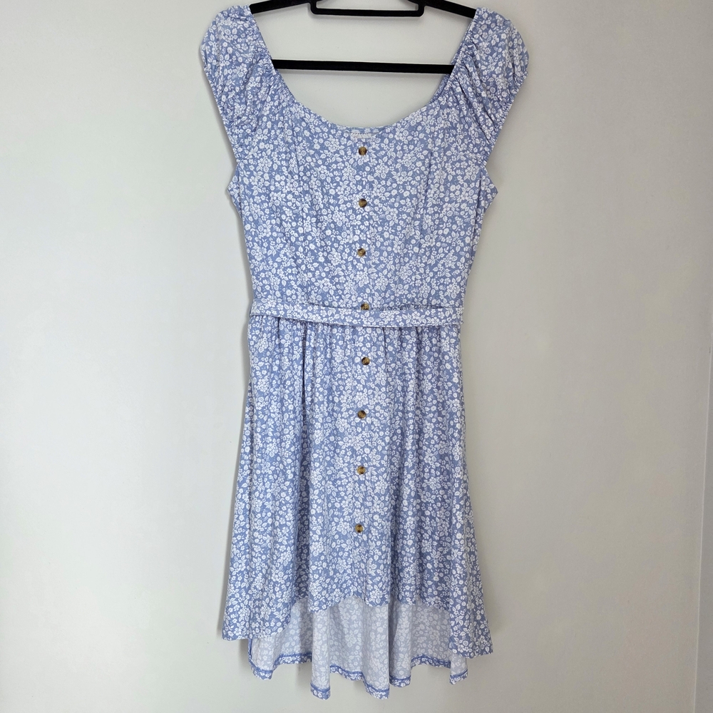 NOBO Pale Blue Floral Stretchy High-Low Sundress Size L Cap Sleeves Tie Waist